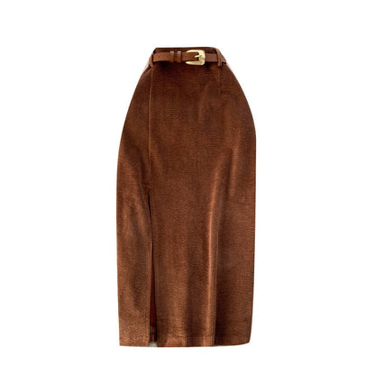 Falda recta de pana cinturada elegante - Vestiria