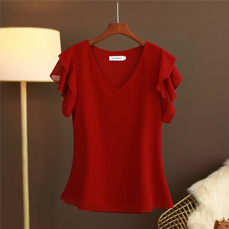 Blusa de mujer gasa ligera con volantes y escote pico