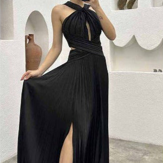 Vestido Largo Mujer Satinado Plisado Asimétrico Elegante
