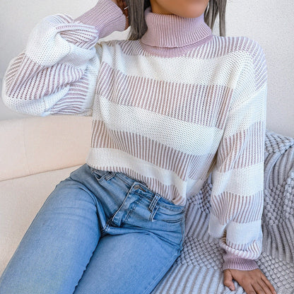 Jersey mujer cuello alto rayas grandes suave