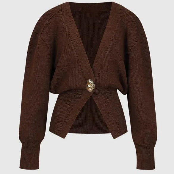 Cárdigan Mujer Punto Grueso Elegante Botón Floral - Vestiria