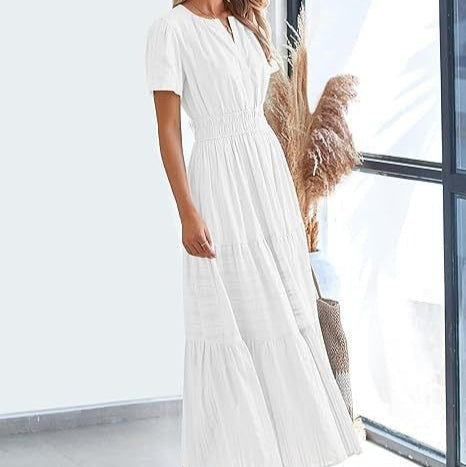 Vestido Mujer Plisado Boho Corto Manga