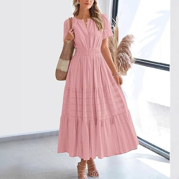 Vestido Mujer Plisado Boho Corto Manga