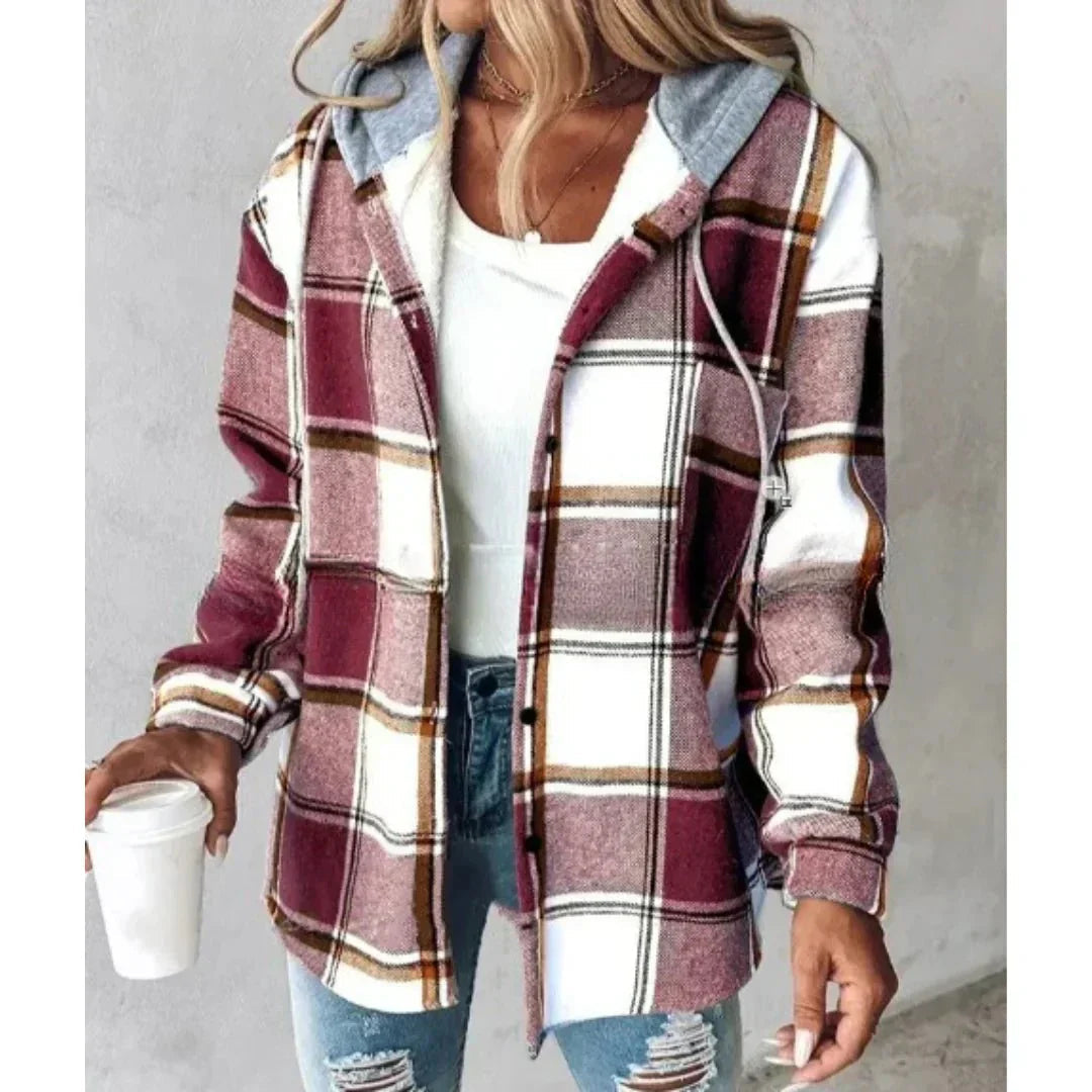 Chaqueta de cuadros acolchada con capucha mujer