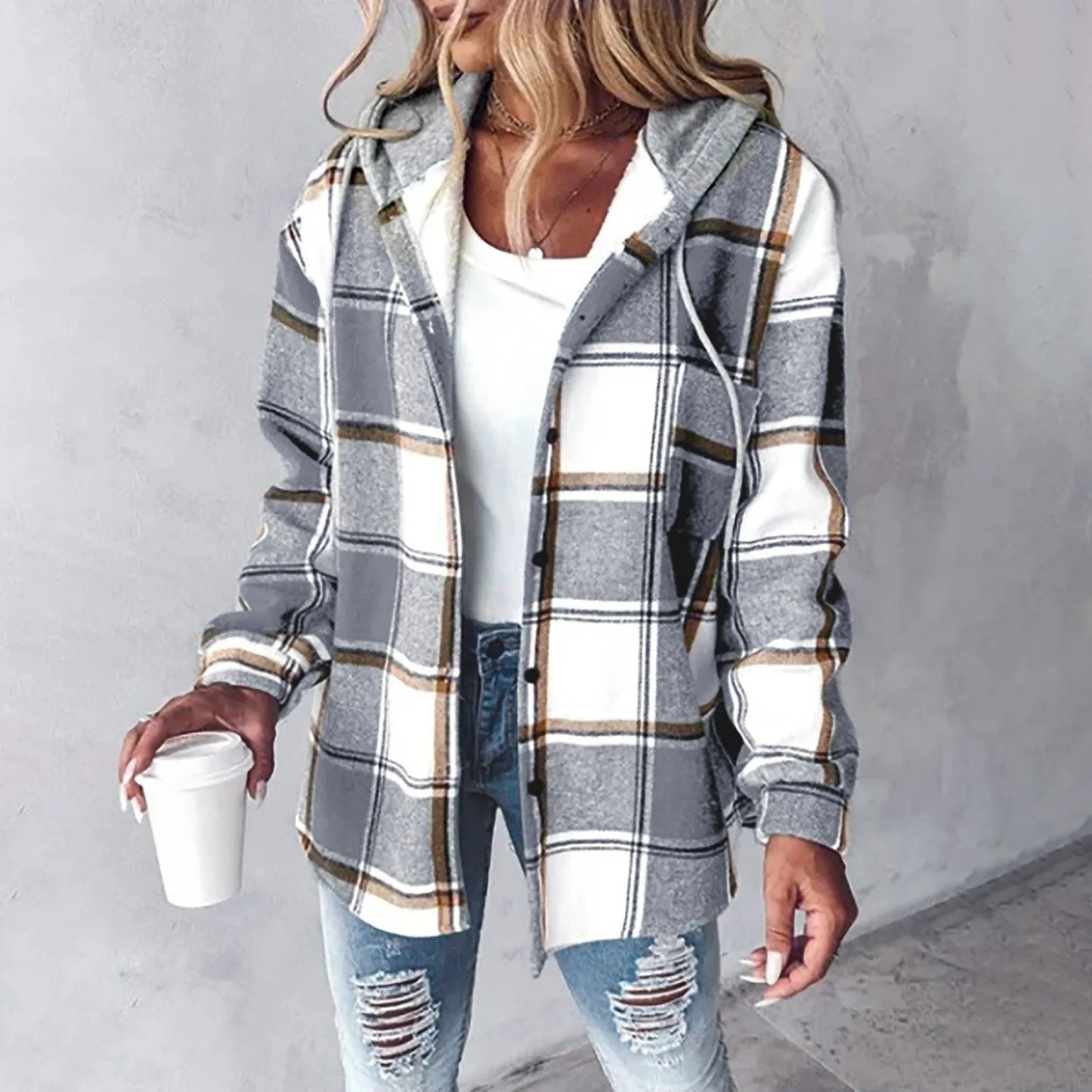 Chaqueta de cuadros acolchada con capucha mujer