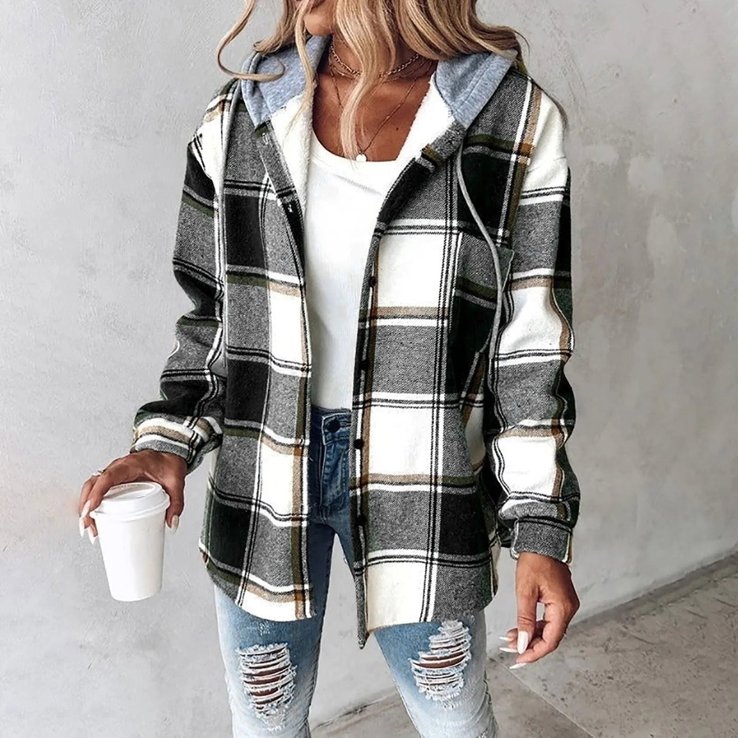 Chaqueta de cuadros acolchada con capucha mujer