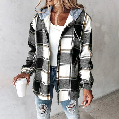 Chaqueta de cuadros acolchada con capucha mujer