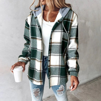 Chaqueta de cuadros acolchada con capucha mujer