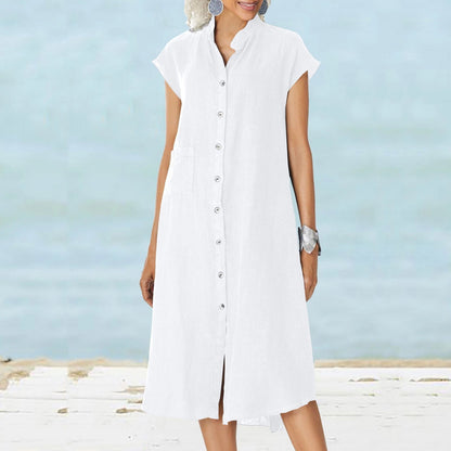 Vestido Lino Fresco con Botones y Bolsillo