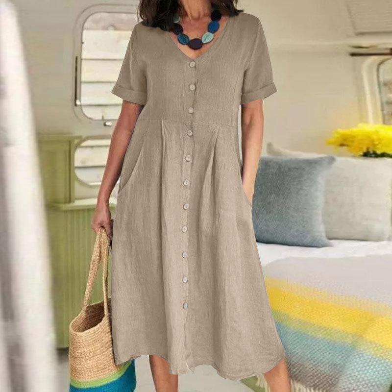 Vestido recto de cintura alta en tejido natural