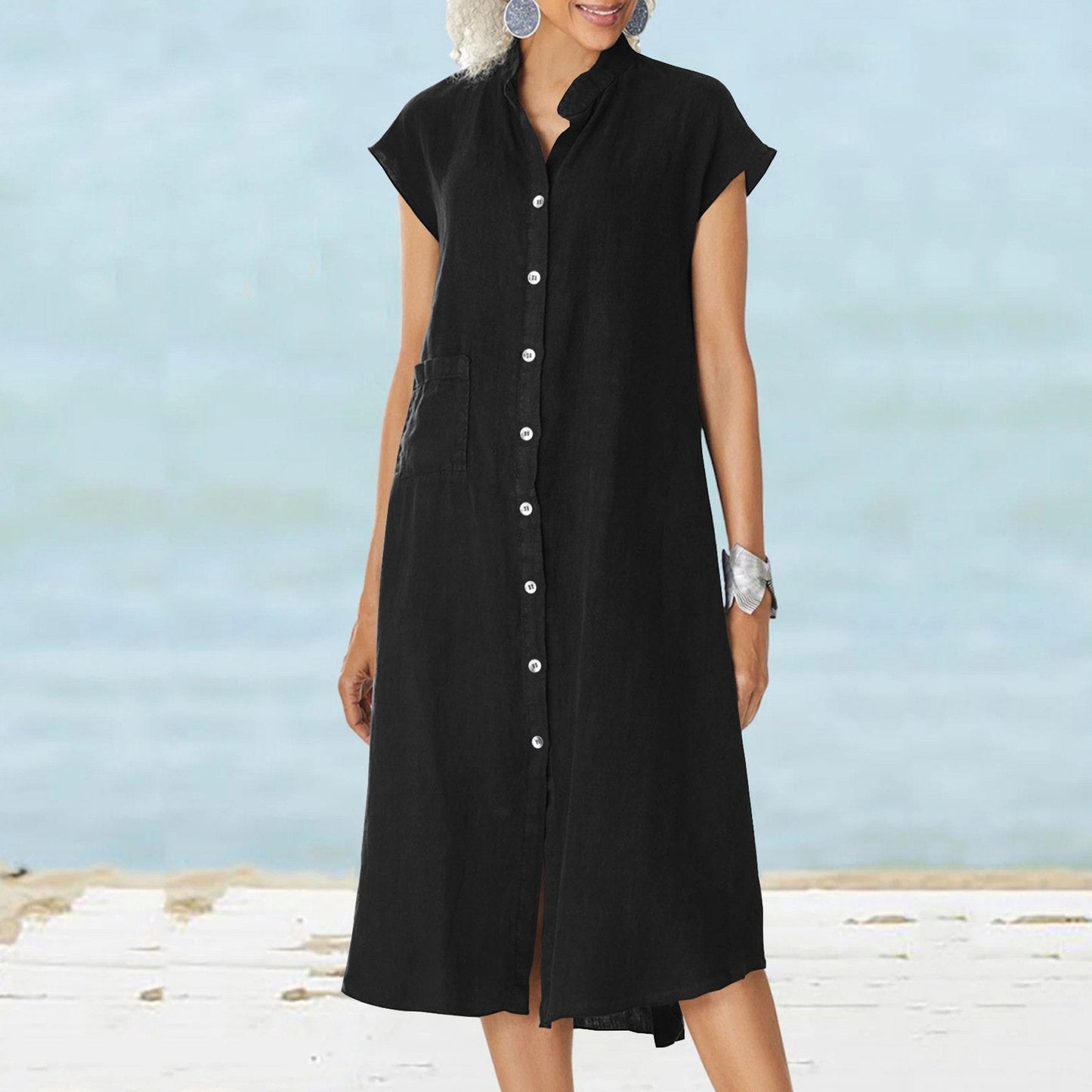 Vestido Lino Fresco con Botones y Bolsillo