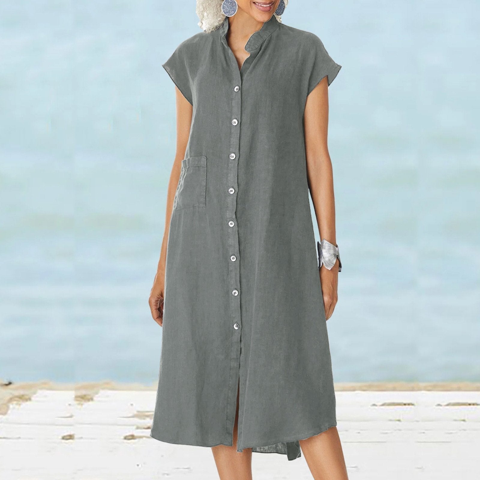 Vestido Lino Fresco con Botones y Bolsillo - Vestiria