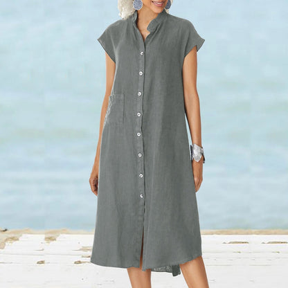 Vestido Lino Fresco con Botones y Bolsillo - Vestiria