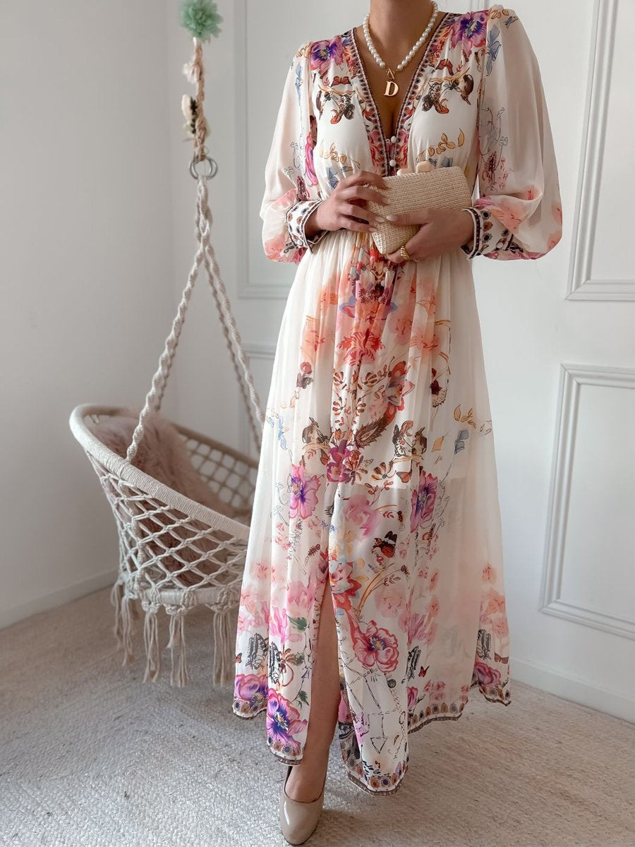 Vestido Estampado Mono Pecho con Escote en V - Vestiria