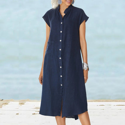 Vestido Lino Fresco con Botones y Bolsillo