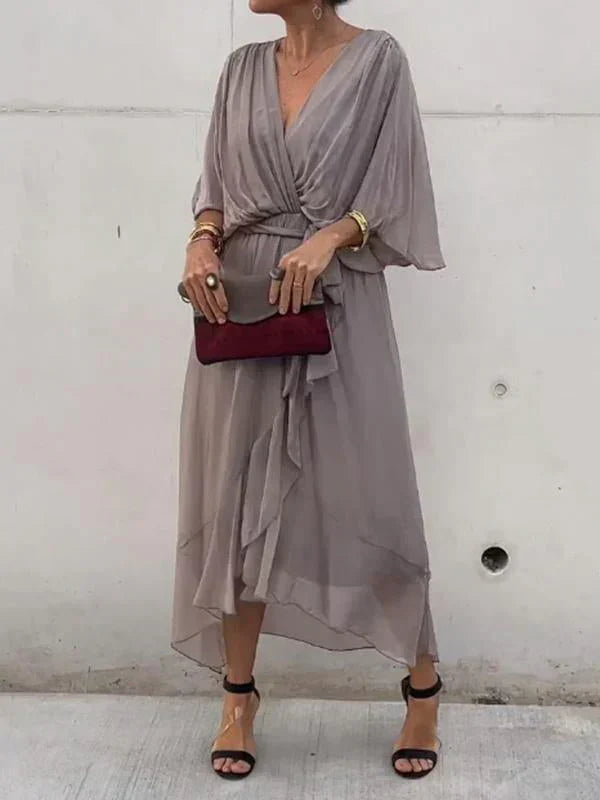 Vestido Midi Elegante con Cinturón y Escote en V