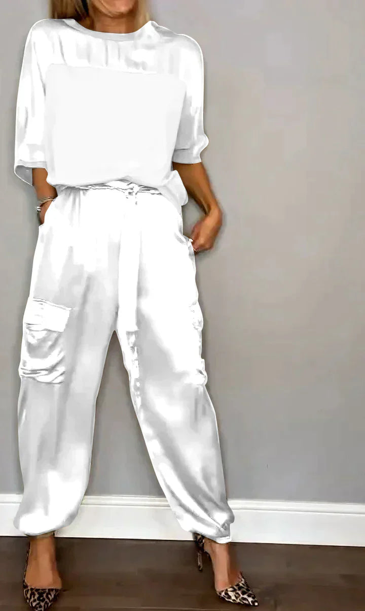 Traje de Mujer de Raso Brillante con Top y Pantalón Midi