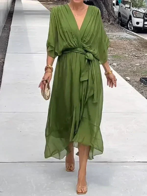 Vestido Midi Elegante con Cinturón y Escote en V - Vestiria