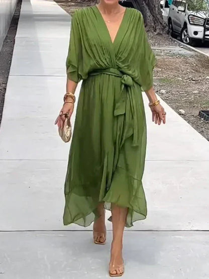 Vestido Midi Elegante con Cinturón y Escote en V - Vestiria