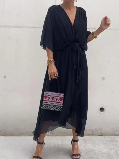 Vestido Midi Elegante con Cinturón y Escote en V