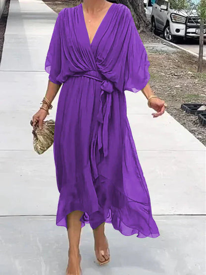 Vestido Midi Elegante con Cinturón y Escote en V