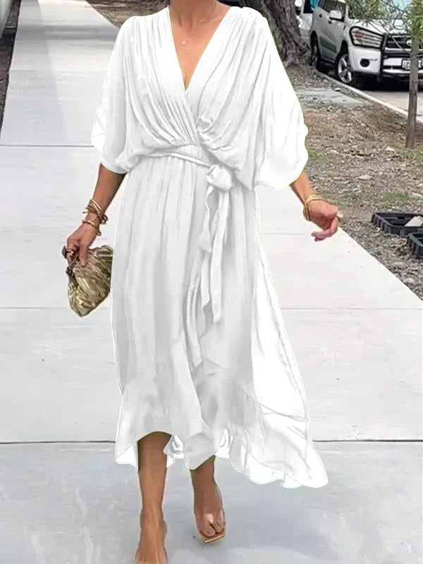 Vestido Midi Elegante con Cinturón y Escote en V
