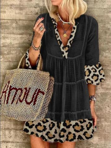 Vestido Lino Estampado Leopardo Chic