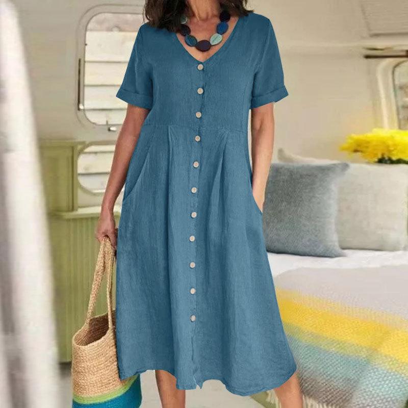 Vestido recto de cintura alta en tejido natural - Vestiria