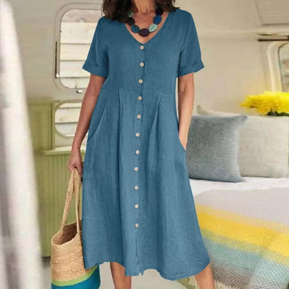 Vestido recto de cintura alta en tejido natural - Vestiria