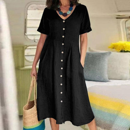 Vestido recto de cintura alta en tejido natural