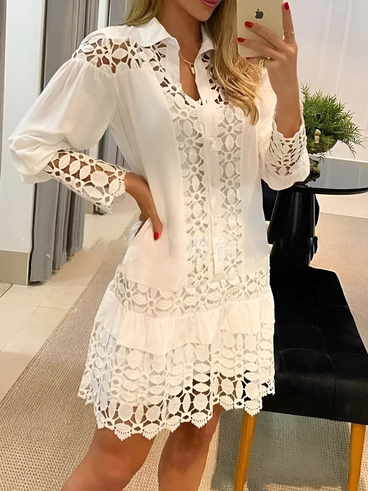 Vestido Camisero de Encaje Elegante Mujer - Vestiria