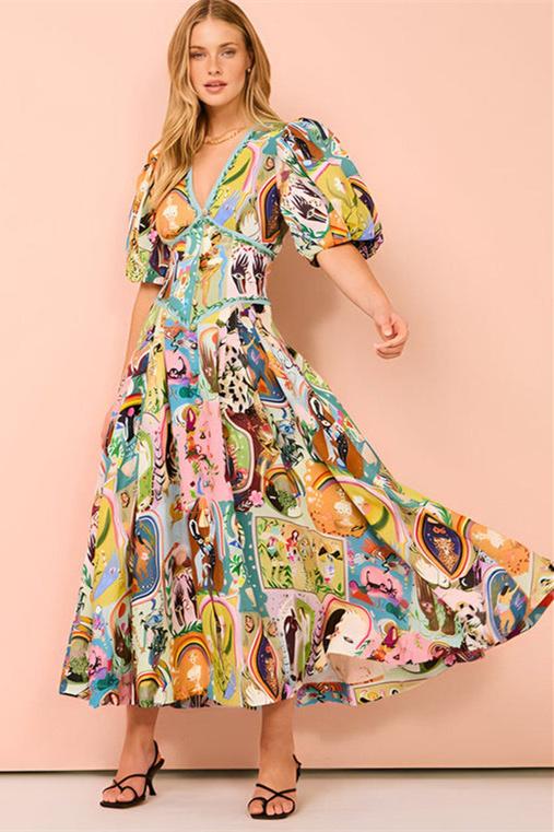 Vestido Midi Elegante con Escote Pico y Mangas Voladas - Vestiria