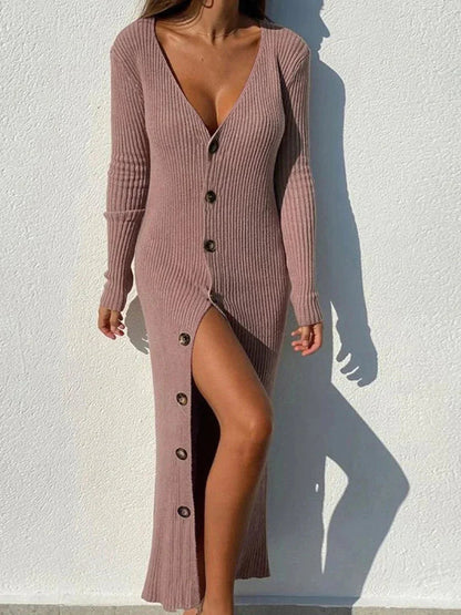 Vestido Largo Elegante Manga Larga Escote en V