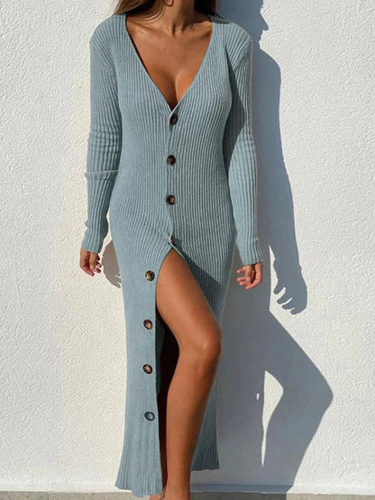 Vestido Largo Elegante Manga Larga Escote en V