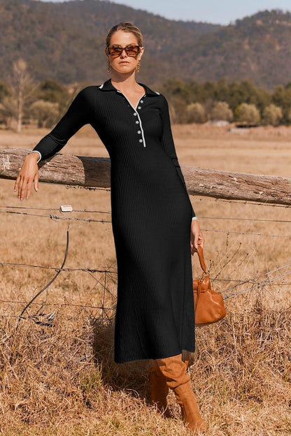 Vestido Midi Cuello Alto con Botones