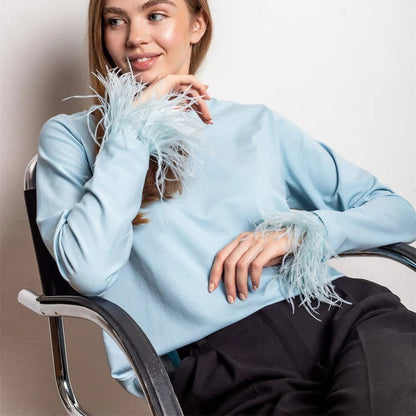 Blusa Mujer Manga Larga Plumas Elegante - Vestiria