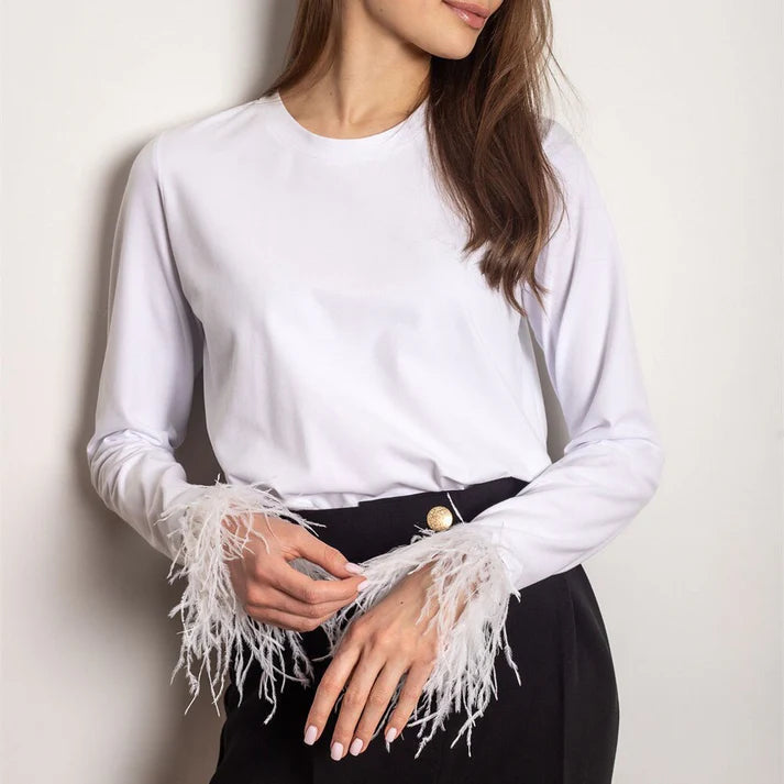Blusa Mujer Manga Larga Plumas Elegante