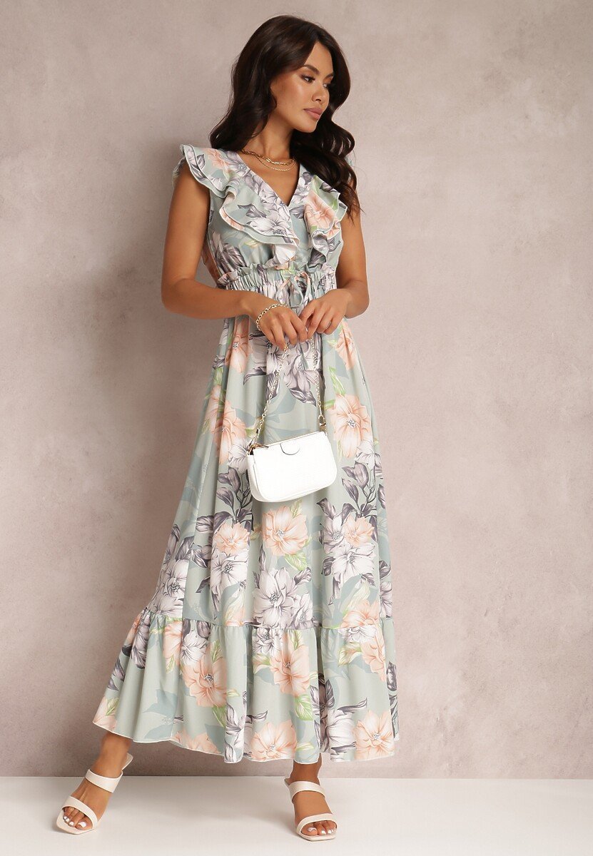 Vestido Maxi Estampado con Volantes y Escote en V - Vestiria