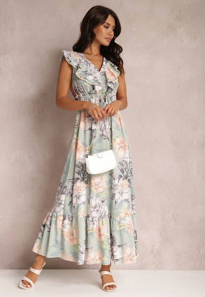 Vestido Maxi Estampado con Volantes y Escote en V - Vestiria