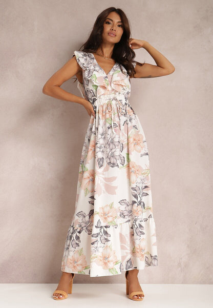 Vestido Maxi Estampado con Volantes y Escote en V