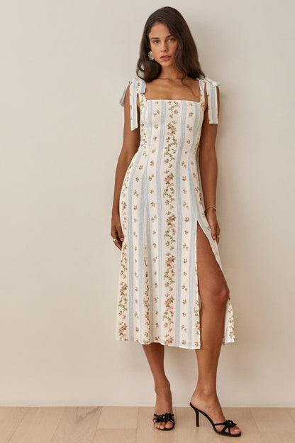 Vestido Midi Floral con Lazo y Escote - Vestiria