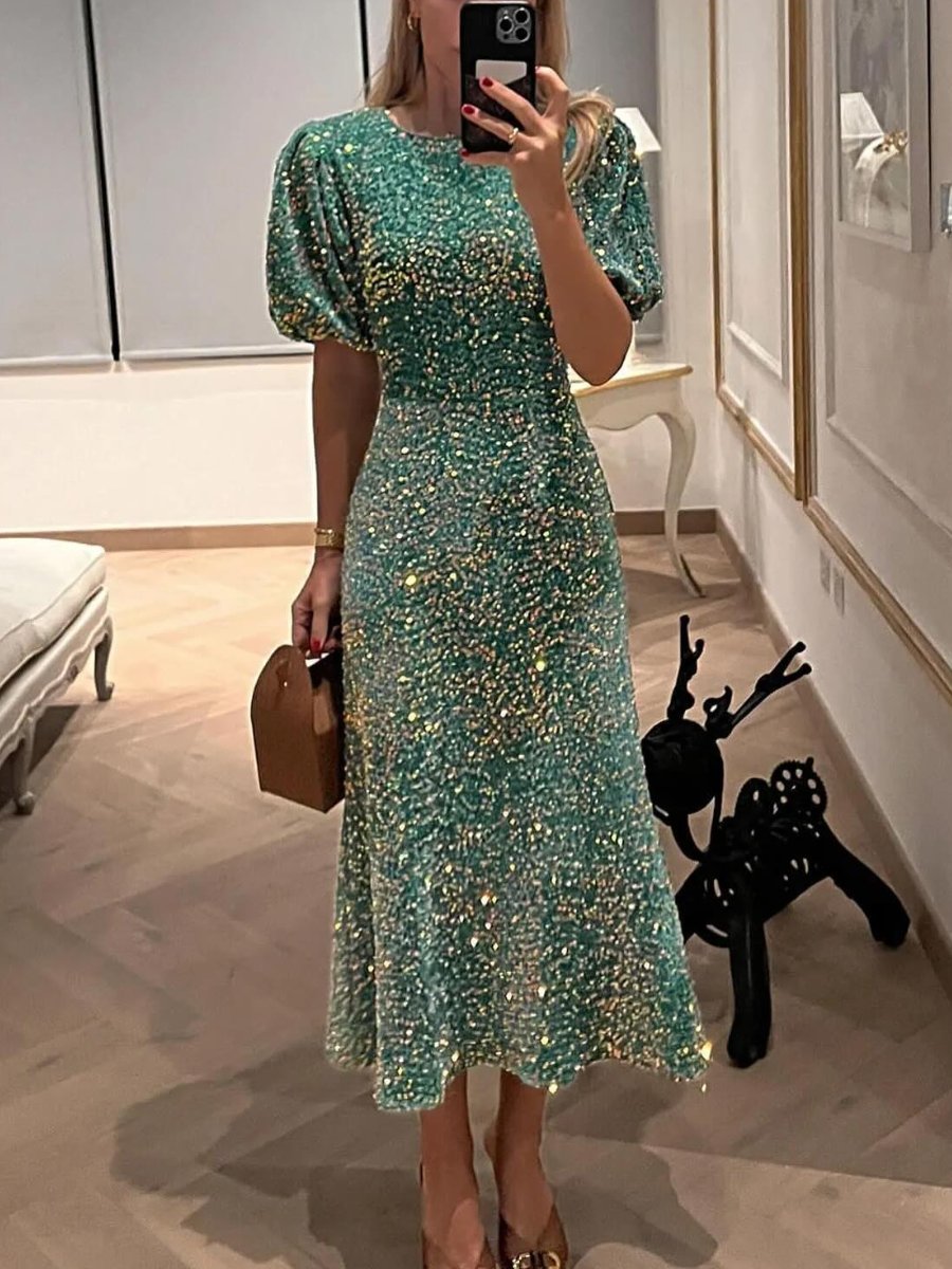 Vestido Largo Elegante con Escote Redondo Brillante - Vestiria
