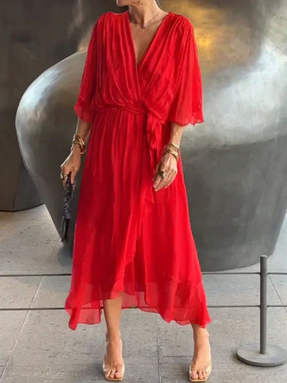 Vestido Midi Elegante con Cinturón y Escote en V