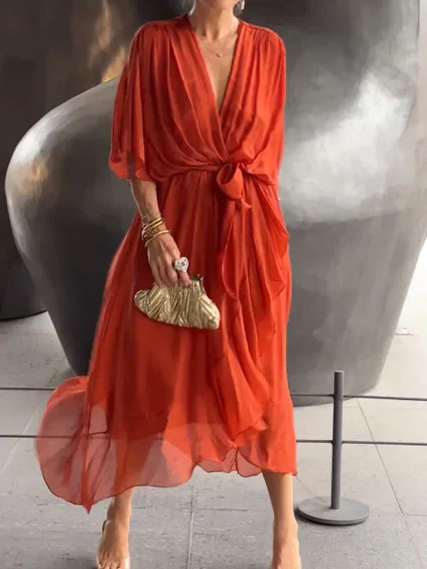 Vestido Midi Elegante con Cinturón y Escote en V