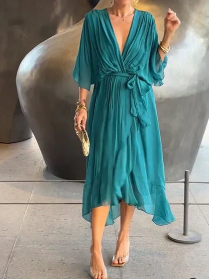 Vestido Midi Elegante con Cinturón y Escote en V