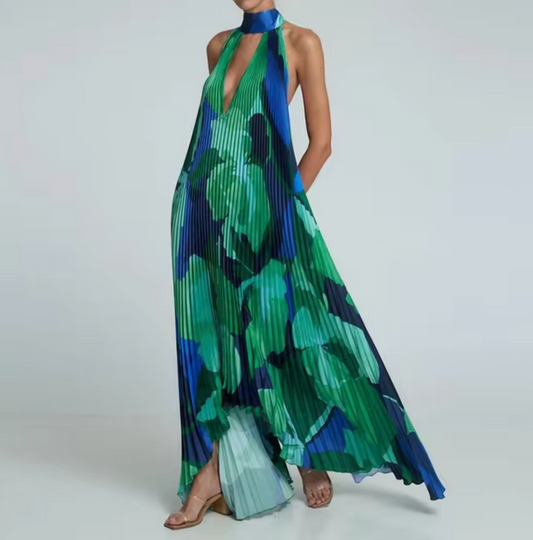 Vestido Largo Plisado Cuello Halter Elegante - Vestiria
