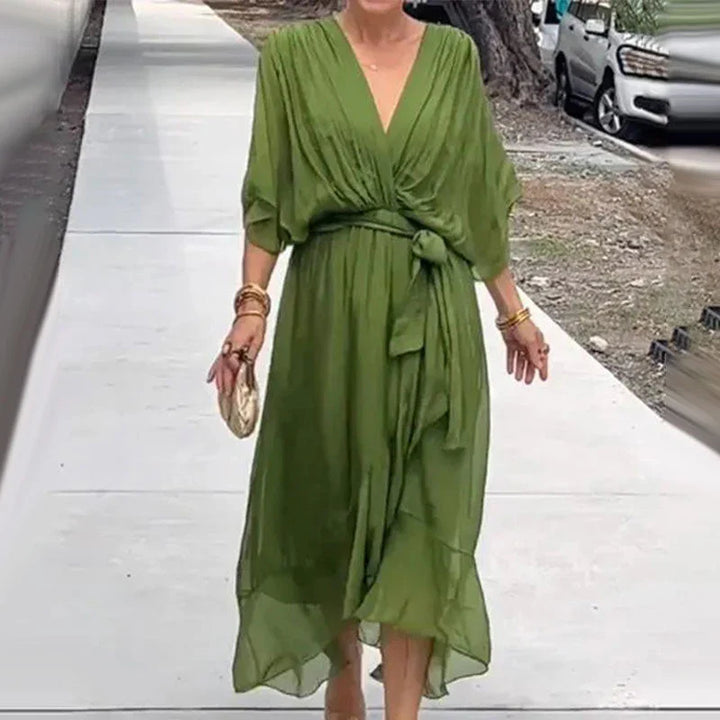 Vestido Mujer Midi Elegante con Escote en V