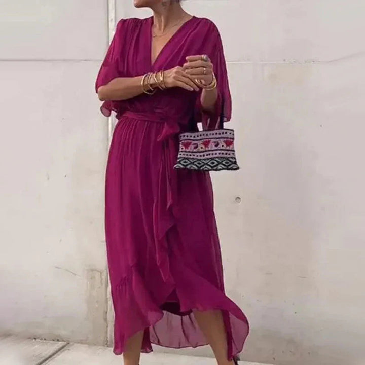 Vestido Mujer Midi Elegante con Escote en V