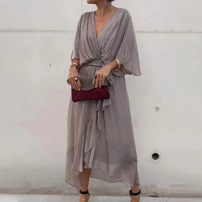 Vestido Mujer Midi Elegante con Escote en V
