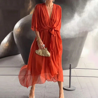 Vestido Mujer Midi Elegante con Escote en V
